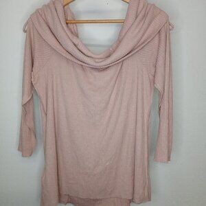 UEC Maurice's Cowl Neck Cinch Shoulder Sweater Blush Pink Ribbed Coquette sz 1X